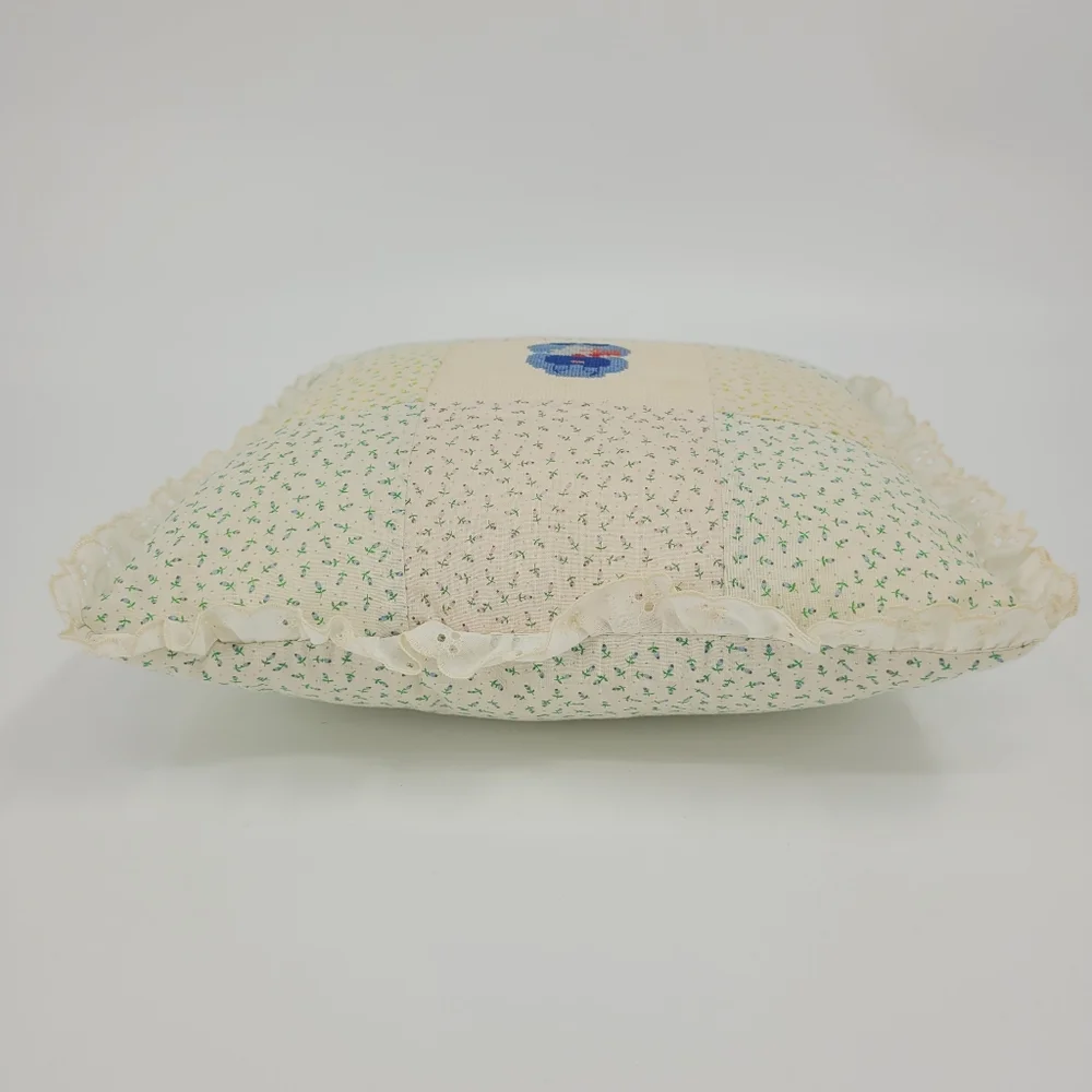 Handmade Vintage Quilted Cross Stitch Pillow Floral Dog Puppy Lace Grandma